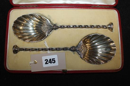 Cased pair of silver serving spoons
